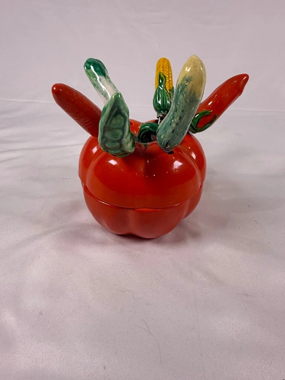 Vintage Maruhon Ware Tomato Utensil Holder 6 Vegetable Knives Japan